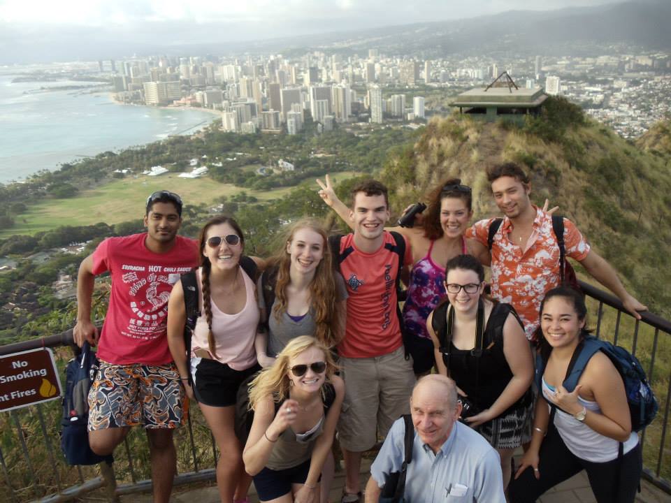 Group of students on peak of Diamond Head in Honolulu, Hawaii